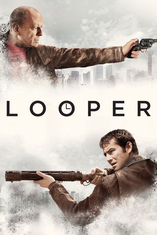 The poster features two men in a gritty, sepia-toned atmosphere. One man holds a pistol, while the other aims a rifle, both exuding a tense, noir mood. The word "LOOPER" is prominently displayed in bold, black letters, emphasizing the film's action-packed and suspenseful narrative.