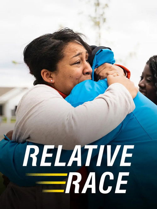 The poster features two people embracing warmly, with one person in a blue jacket and the other in a gray shirt. The title "RELATIVE RACE" is prominently displayed in bold white letters with a yellow accent line, conveying a sense of unity and shared experience.