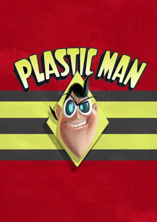 The poster features a cartoon man with a mischievous grin, wearing a yellow and black striped shirt, set against a vibrant red background. The bold, playful title "PLASTIC MAN" in a jagged font adds to the energetic and humorous tone.