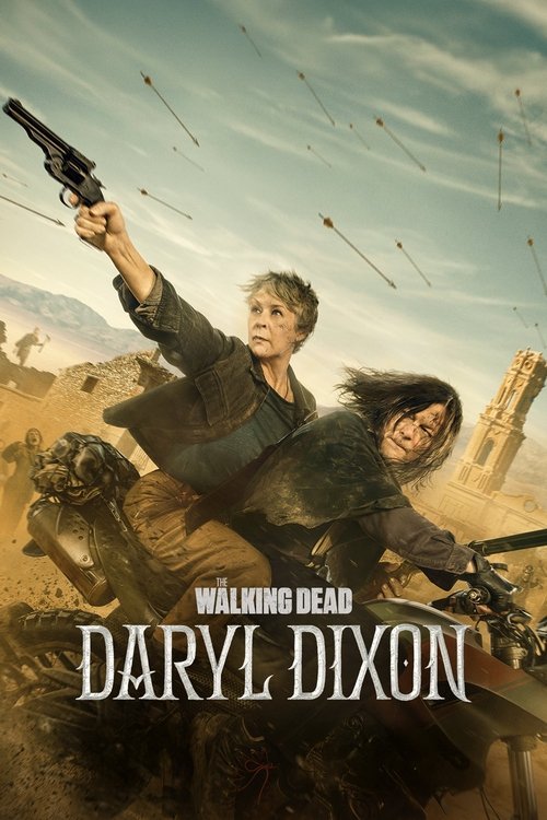 The poster features two characters in a dusty, war-torn landscape, with one holding a rifle and the other aiming a shotgun. The muted earth tones and gritty atmosphere convey a sense of survival and danger.