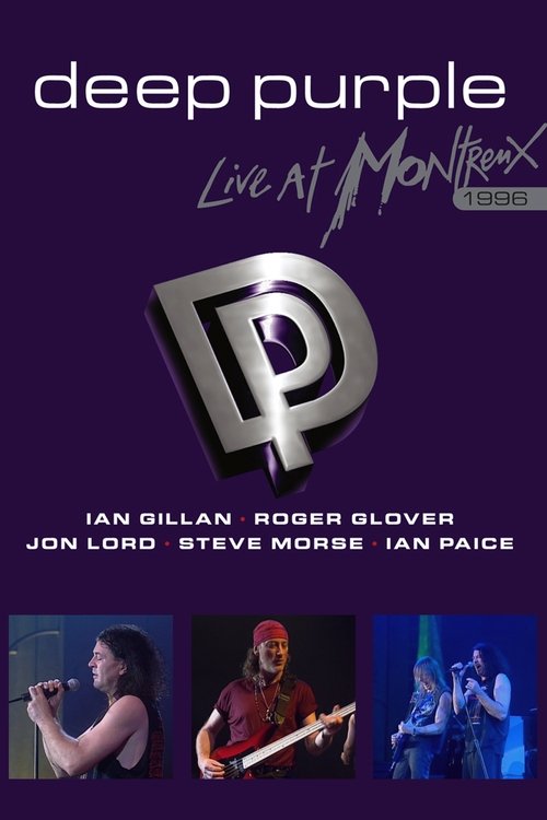 The poster features four musicians in vibrant, moody lighting against a deep purple background. The central logo of the band, "Deep Purple," stands out with its metallic sheen. The overall mood is electric and nostalgic, capturing the essence of a live performance from 1996.