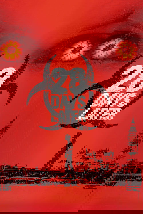 The poster features a red background with two large, glowing eyes at the top, creating an eerie atmosphere. In the center, a silhouette of a person stands before a biohazard symbol, while a distant cityscape with a clock tower hints at a dystopian setting. The overall mood is suspenseful and omin...