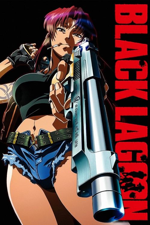 The poster features a determined woman with pink hair holding a large silver gun, exuding strength and readiness. The bold red "BLACK LAGON" text dominates the right side, emphasizing the show's gritty, action-packed theme. The dark background enhances the dramatic and intense mood of the scene.