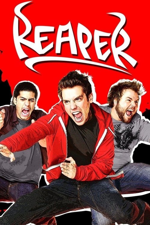 The poster features three men in dynamic poses against a bold red background, exuding energy and action. Their expressions convey intense focus and determination, while the dramatic lighting enhances the sense of urgency and excitement. The title "REAPER" is prominently displayed in stylized whit...
