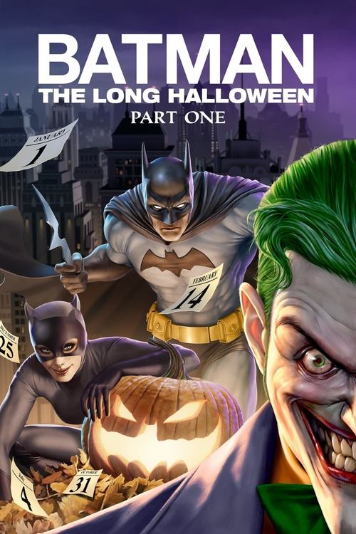 The poster features Batman, the Joker, and a menacing figure in the background, all set against a dark, ominous cityscape. The colors are predominantly dark blues and blacks, with the Joker's bright green hair and red lips adding a stark contrast. The mood is eerie and suspenseful, hinting at a t...