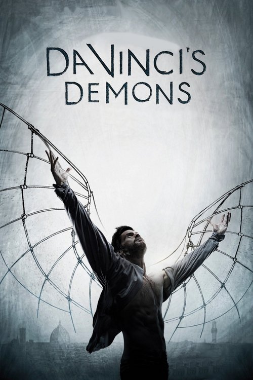 The poster features a man with wings made of spider webs, set against a moody, gray background. The title "Da Vinci's Demons" is prominently displayed at the top in bold, metallic letters. The overall mood is mysterious and dramatic, suggesting a dark fantasy or horror theme.