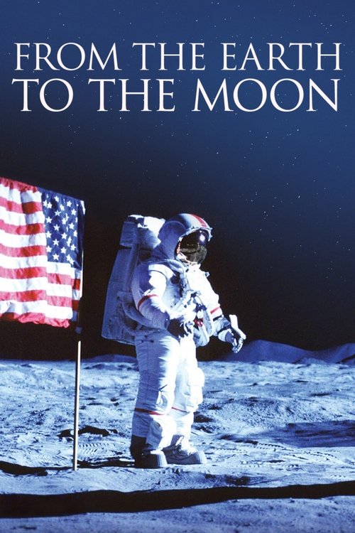 The poster features a lone astronaut in a white spacesuit standing on the lunar surface, with a flag fluttering in the wind. The deep blue sky contrasts with the gray moon, evoking a sense of wonder and exploration.