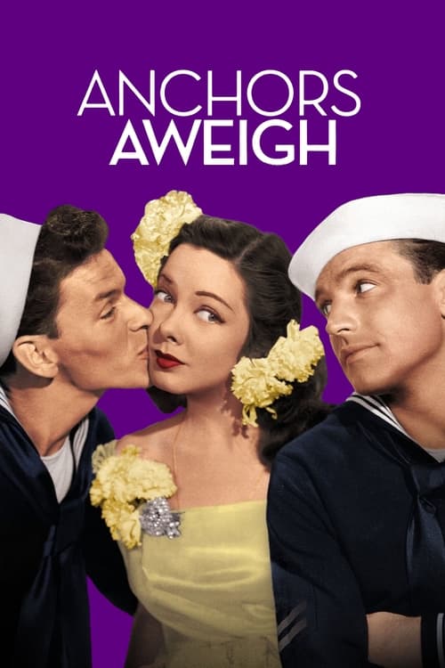 The poster features three men in naval uniforms and a woman in a yellow dress, all adorned with yellow flowers against a vibrant purple background. The mood is playful and humorous, capturing the essence of the show's lighthearted tone.