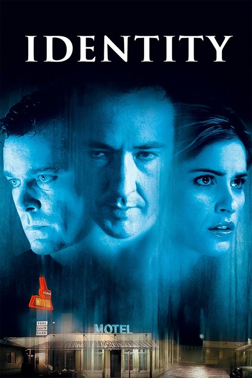 The poster features three characters in a haunting blue-toned image, evoking mystery and suspense. The title "IDENTITY" is prominently displayed at the top, while a motel sign at the bottom hints at the film's setting. The overall mood is dark and atmospheric, suggesting a thriller or drama.