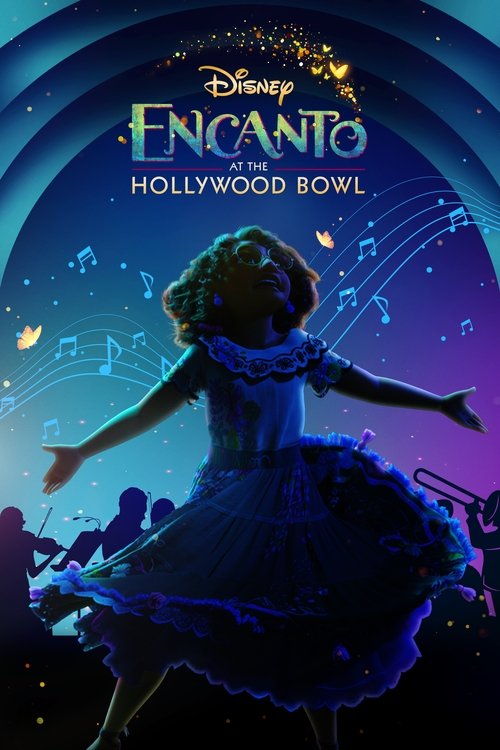 The poster features a silhouette of a young girl in a blue dress dancing with musical notes floating around her. The background is a vibrant purple and blue gradient, evoking a magical, dreamlike atmosphere. The Disney logo and "Encanto" title are prominently displayed at the top, with the Hollyw...