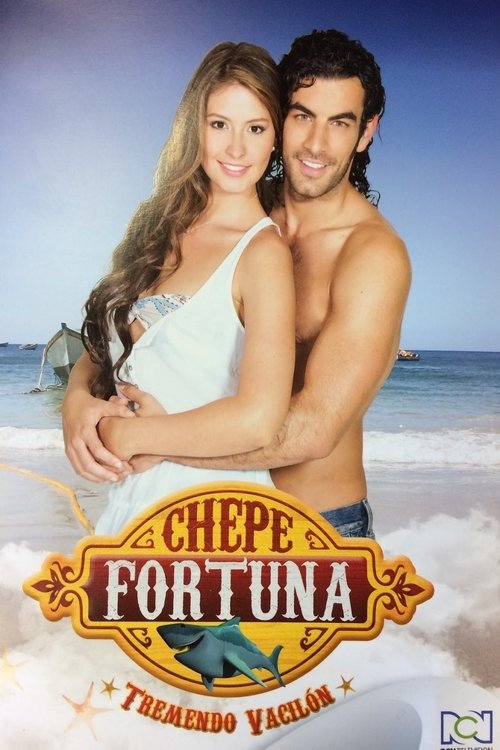 The poster features a romantic couple embracing on a sandy beach, with warm golden tones and a serene ocean backdrop. The title "Chepe Fortuna" is elegantly displayed in ornate lettering, evoking a classic, timeless romance.