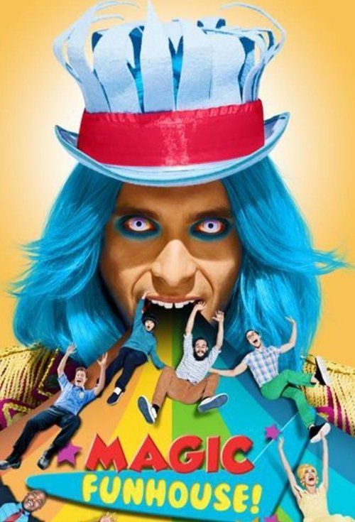 This vibrant poster features a cheerful magician with bright blue hair and a whimsical red-and-white hat, surrounded by animated characters in colorful costumes. The playful and energetic mood is enhanced by the dynamic poses of the figures, creating an inviting and fun atmosphere for viewers.
