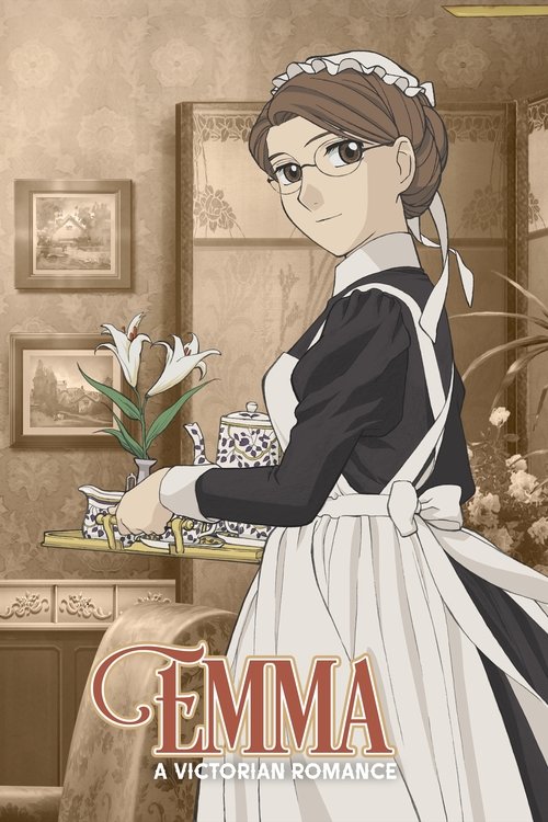 The poster features a Victorian-era woman in a black dress and white apron, holding a tray with flowers. The warm, sepia-toned background suggests a cozy, nostalgic atmosphere. The title "Emma: A Victorian Romance" is elegantly displayed in red and gold, emphasizing the romantic theme.