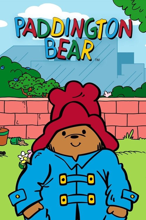 The poster features Paddington Bear, a cheerful brown bear wearing a red hat and blue coat, standing confidently in a vibrant garden. The scene is filled with bright colors—reds, blues, greens, and yellows—from the sky, trees, and the bear's clothing. A smiling face and playful expressions convey...