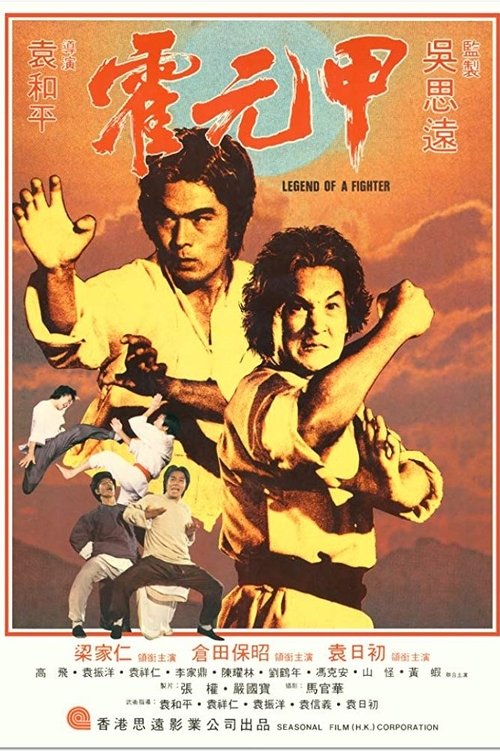 The poster features a dynamic scene with a man in a yellow shirt and another in a white shirt, both striking martial arts poses against a fiery orange background. The title "Hao Yuan Jia" is prominently displayed in bold red characters, evoking a sense of action and drama. The overall composition...