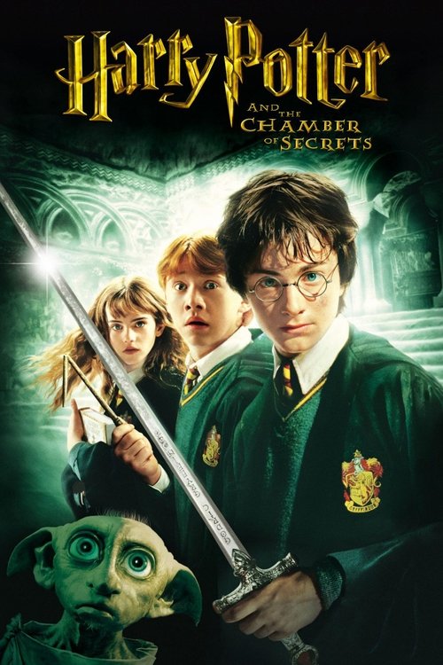 The poster features Harry Potter, Ron Weasley, and Hermione Granger in a dramatic pose, holding their iconic swords. The dark green background with glowing magical symbols creates an eerie, mysterious atmosphere. The title "Harry Potter and the Chamber of Secrets" is prominently displayed at the ...