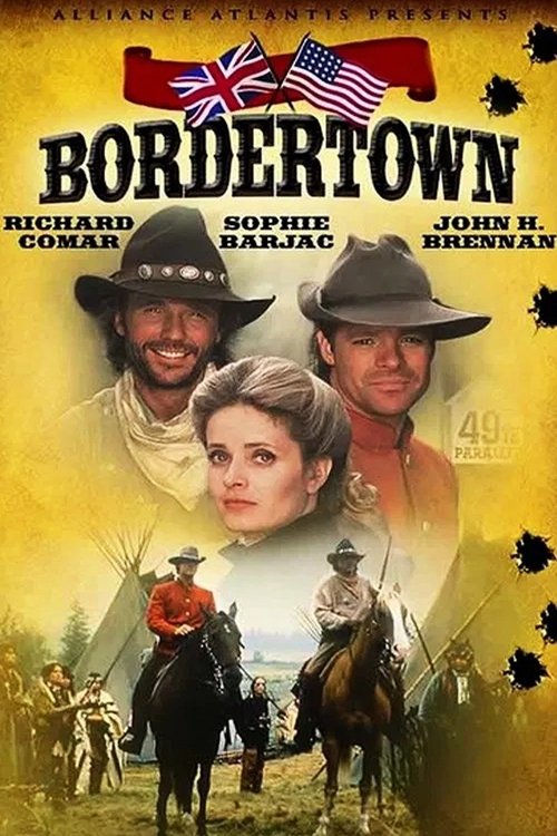 This TV poster for "Bordertown" features a dramatic yellow and black color scheme with four characters: Richard Combs, Sophie Calle, John H. Brennan, and a woman in the foreground. The poster conveys a gritty, noir atmosphere with sepia tones and a sense of mystery.