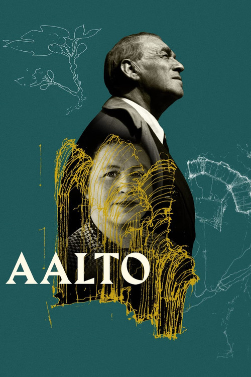 The poster features a striking black-and-white portrait of a man in a suit, overlaid with vibrant yellow digital lines that resemble code or data streams. The title "AALTO" is prominently displayed in bold white letters against the teal background, creating a bold contrast. The overall mood is fu...