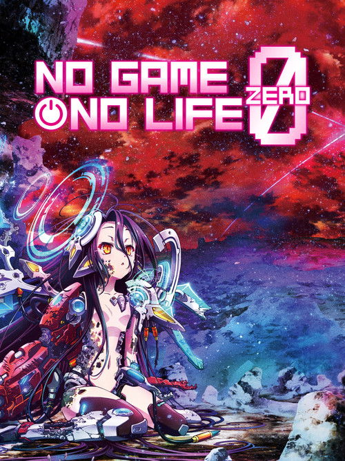 The poster features a young woman with dark hair and futuristic goggles, set against a dramatic red and blue cosmic background. The title "No Game, No Life: Zero" is prominently displayed in bold, metallic letters. The overall mood is mysterious and adventurous, suggesting a thrilling space adven...