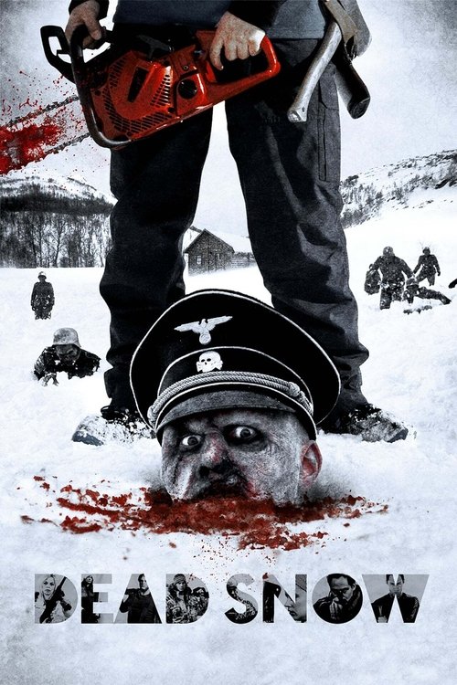 The poster features a menacing figure in a Nazi uniform lying in the snow, surrounded by blood-splattered figures in the background. The stark white snow contrasts with the red blood and the ominous red chainsaw, creating a chilling atmosphere. The title "Dead Snow" is prominently displayed at th...