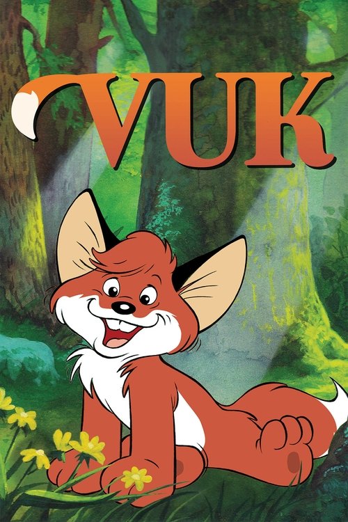 The Little Fox poster features a cheerful fox with a wide smile, surrounded by vibrant green foliage and yellow flowers. The warm orange title "VUK" stands out against the lush background, evoking a playful and inviting mood.