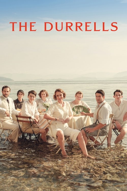 The Durrells are seated in a row of white chairs on a sandy beach, exuding a serene and relaxed atmosphere. Their white outfits blend harmoniously with the natural surroundings, creating a sense of calm and simplicity. The soft lighting enhances the peaceful mood, capturing the essence of their c...