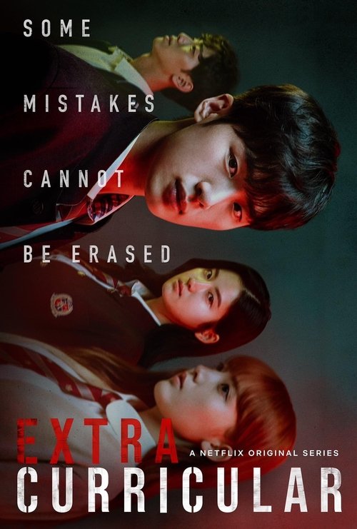 The poster features three young people with intense, dramatic expressions against a dark, moody background. The colors are muted and somber, creating an atmosphere of mystery and tension. The text "Some Mistakes Cannot Be Erased" hints at themes of regret and redemption, while "Extra Curricular" ...
