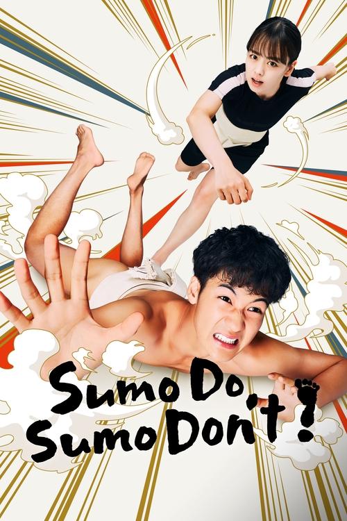 The poster features two young men in a dynamic pose against a radiant background of colorful rays. One man is shirtless and smiling broadly, while the other wears a black and white outfit, appearing more serious. The bold title "Sumo Do, Sumo Don't!" emphasizes the comedic contrast between the tw...