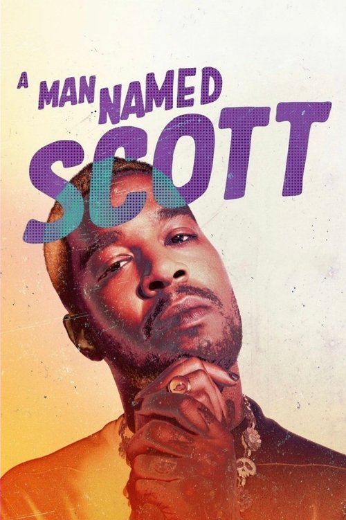 The poster features a man with a contemplative expression, his hand resting thoughtfully on his chin. The title "A MAN NAMED SCOTT" is prominently displayed in bold, stylized purple letters against a warm, golden background. The overall mood is introspective and artistic, evoking a sense of quiet...