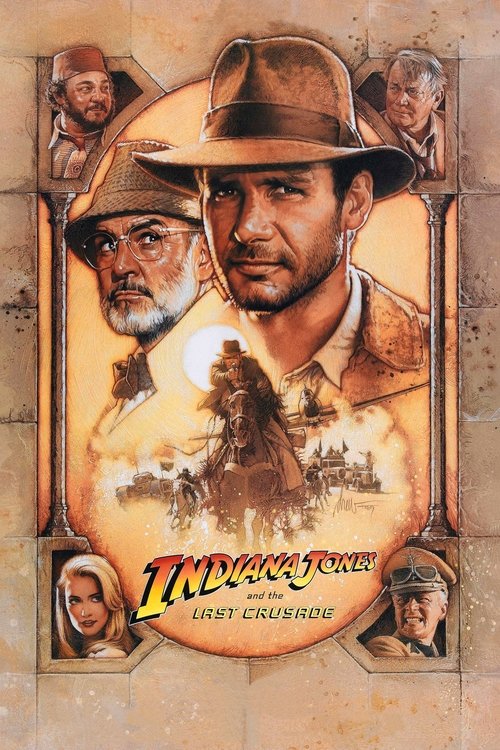 This poster features a rugged Indiana Jones in a brown hat, surrounded by other characters in a sepia-toned, adventurous mood. The warm colors evoke a sense of classic adventure and historical drama.