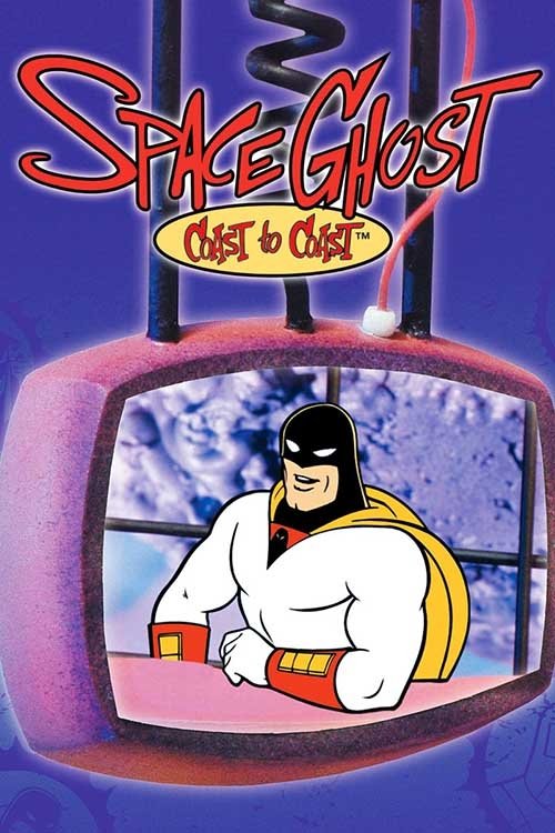 This TV show poster features a classic Space Ghost character in a dynamic pose against a vibrant purple background. The character's muscular form and flowing cape are highlighted by bold red and yellow accents. The overall design exudes a sense of adventure and excitement, capturing the essence o...
