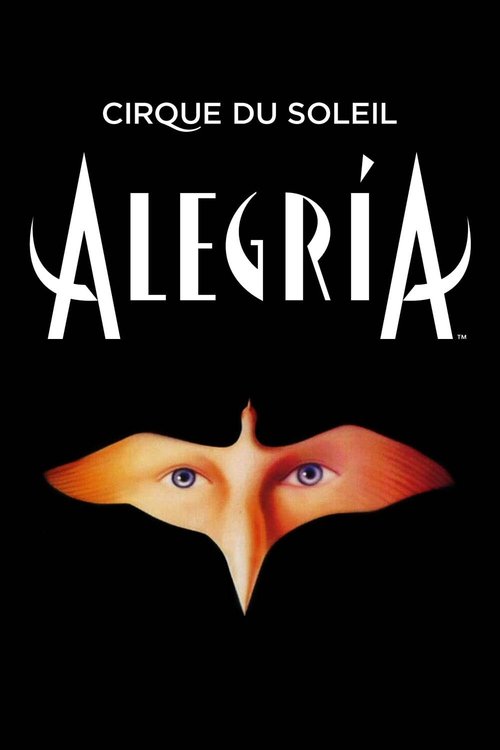 The poster features a striking black background with the title "ALEGRÍA" in bold, white, gothic-style lettering. Below the text, a whimsical, stylized face emerges from the center, composed of warm orange and red hues that resemble flames or glowing eyes. The overall design evokes a sense of magi...