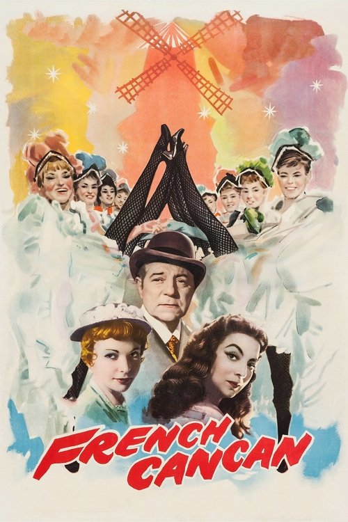 This vibrant poster features a lively scene with French dancers in white costumes, set against a colorful backdrop. The warm tones and playful atmosphere evoke a fun, nostalgic mood, capturing the essence of the French Cancan dance tradition.