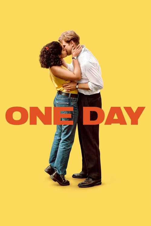 The poster features a couple embracing against a vibrant yellow background, with the title "ONE DAY" prominently displayed in bold red letters. The warm lighting and intimate pose evoke a sense of romance and connection.
