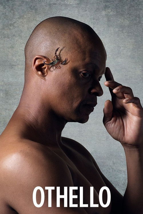 The poster features a muscular man with a dark tattoo on his temple, gazing thoughtfully into the distance. His hand touches his face, evoking introspection. The muted gray background and bold white text "Othello" convey a dramatic, moody atmosphere.