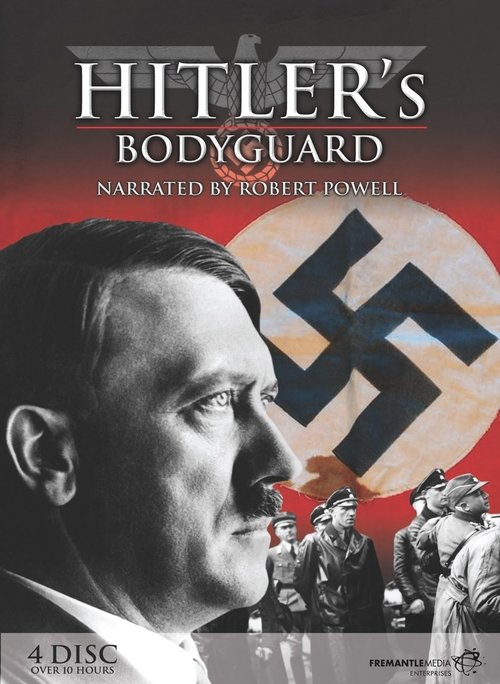 This TV show poster features a somber black-and-white portrait of a man against a red background with a swastika symbol. The mood is serious and historical, emphasizing the gravity of the subject matter.