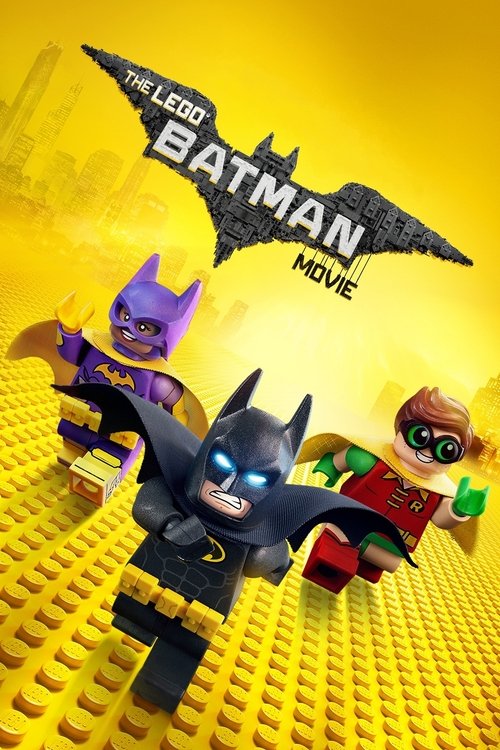 The Lego Batman Movie poster features a dynamic scene with Lego minifigures in action poses against a vibrant yellow background. The iconic Batmobile looms above, its black bat emblem glowing with a menacing aura. The characters exude energy and adventure, capturing the playful yet thrilling esse...