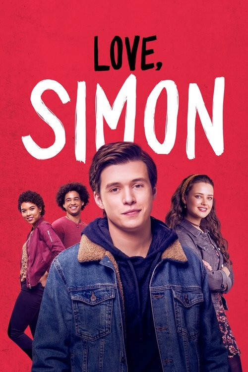The poster features a young man in a denim jacket against a bold red background, with four other characters in the background. The title "LOVE, SIMON" is prominently displayed in white letters. The mood is playful and youthful, suggesting a comedy or light-hearted drama.