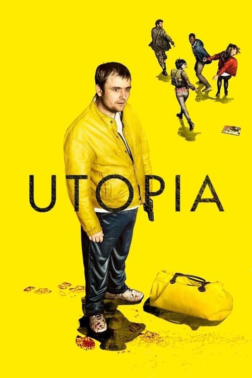 The poster features a man in a yellow jacket standing amidst a chaotic scene of people running away, suggesting a dystopian setting. The bright yellow background and scattered debris create a sense of urgency and danger, while the bold text "UTOPIA" emphasizes the show's theme of an idealized soc...