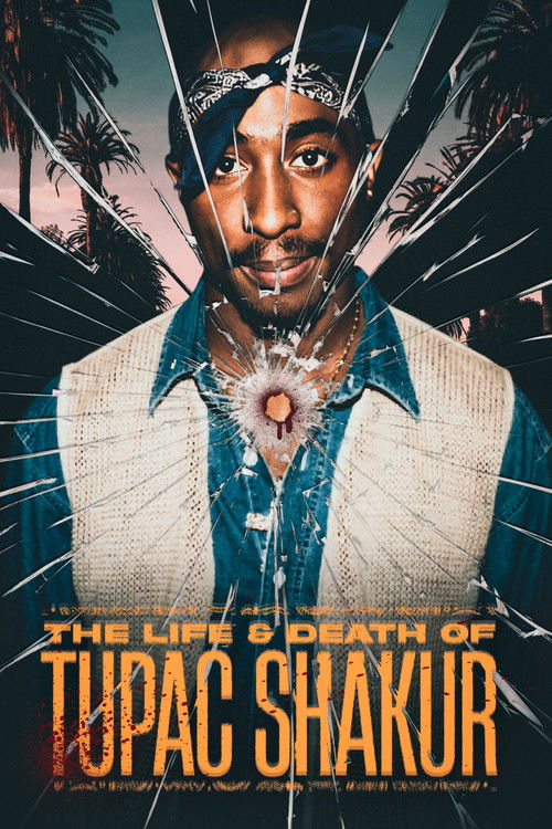 The poster features a close-up portrait of Tupac Shakur against a dark, moody background with palm trees and lightning bolts. The colors are intense, with deep blues, blacks, and fiery oranges creating a dramatic and gritty atmosphere. The title is prominently displayed in bold, fiery text, empha...