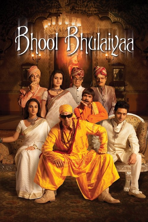 The poster features a group of characters in traditional Indian attire, with vibrant colors like orange, yellow, and white. The mood is warm and festive, suggesting a cultural celebration. The title "Bhool Bhulaiyaa" is elegantly written at the top, indicating the film's title.