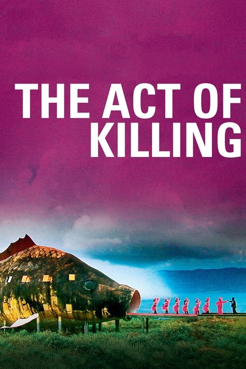 The poster features a striking purple sky with the title "THE ACT OF KILLING" in bold white letters. Below, a group of people stands in a line, silhouetted against a dramatic sunset. The scene evokes a sense of tension and mystery, suggesting themes of violence and social commentary.
