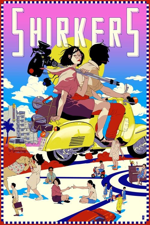 This vibrant movie poster for "Shirkers" captures a lively summer scene with a woman riding a yellow scooter, surrounded by colorful figures enjoying the beach. The bright pink and blue background, along with playful fonts, evoke a cheerful and nostalgic mood, reflecting the film's blend of roman...