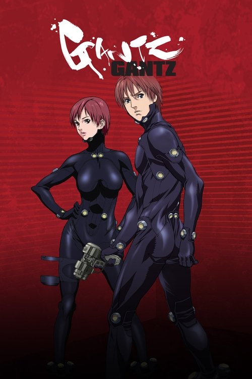 The poster features two anime-style characters in sleek black tactical outfits against a bold red background. The title "GANTZ" glows in white and gold, suggesting a high-stakes action drama. The characters exude confidence and readiness for combat, with dynamic poses that hint at an intense stor...