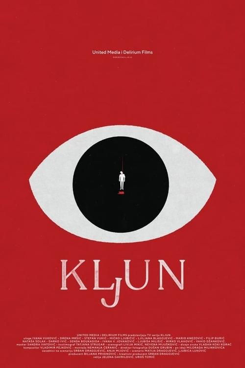 The poster features a striking red background with a large white eye containing a tiny silhouette of a person in the center. The title "Klun" appears in elegant white lettering below the eye, evoking mystery and intrigue. The minimalist design and bold color scheme create a suspenseful and myster...