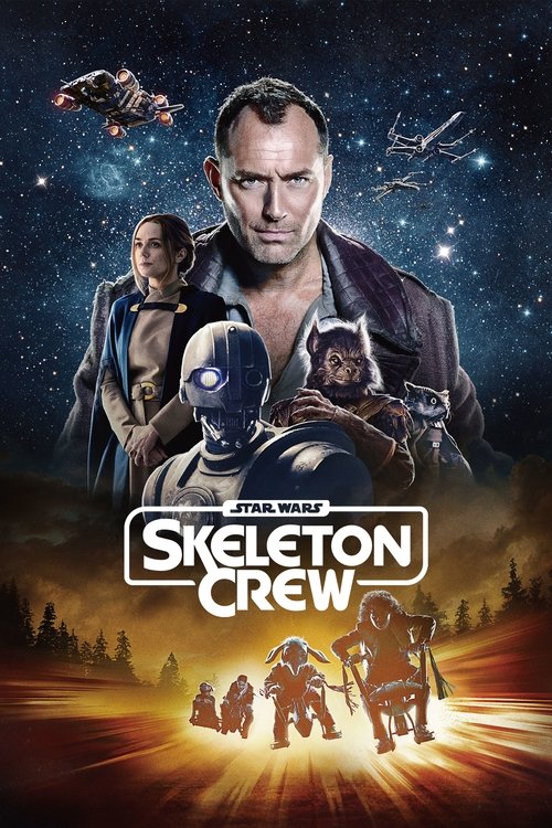 This poster features a dramatic space scene with a central male character, a sleek blue robot, and several smaller figures in a starry backdrop. The warm golden glow at the bottom suggests adventure and action, while the dark tones of space evoke mystery and tension.