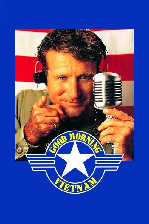 The poster features a man in military gear holding a vintage microphone against a backdrop of the American flag. The man's expression is serious, suggesting a serious and possibly tense mood. The blue background with the star emblem adds a patriotic and authoritative tone to the image.