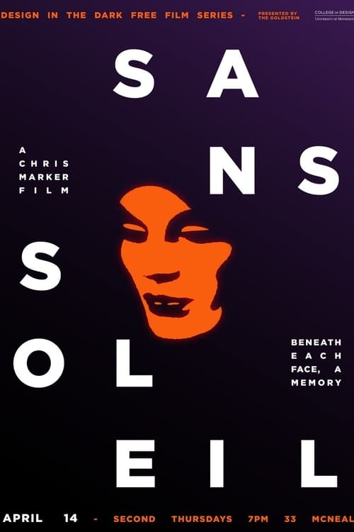 The poster features a striking orange silhouette of a woman's face against a deep purple background, with the title "Sans Soleil" in bold white letters. The mood is mysterious and artistic, evoking a sense of introspection and cultural depth.