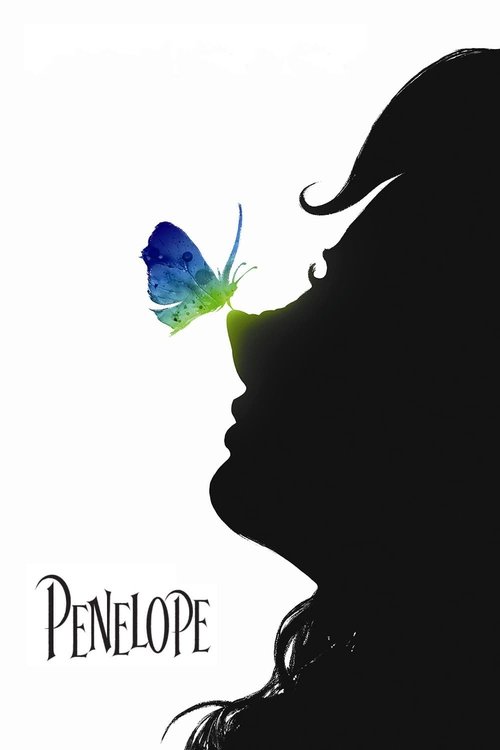 The poster features a silhouetted woman in profile, her face partially obscured by a vibrant blue butterfly emerging from her lips. The stark white background contrasts sharply with the dark figure, evoking a mysterious and dreamlike atmosphere. The title "Penelope" is elegantly placed in the bot...