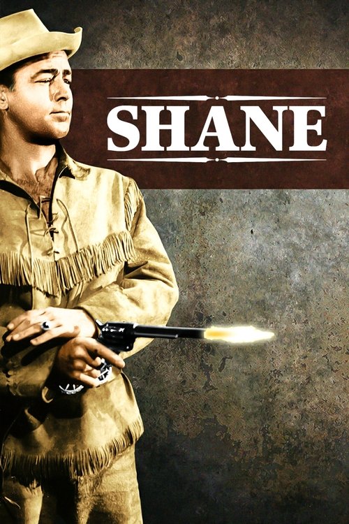 The poster features a rugged cowboy in a tan outfit, holding a shotgun with a bright muzzle flash. The name "SHANE" is prominently displayed in bold white letters against a dark, textured background. The overall mood is gritty and adventurous, capturing the essence of a classic western.